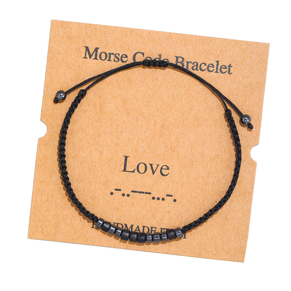 Morse Code Bracelet Creative Black Iron Stone Beaded Wooden Chip Handmade Braided Card Couple Bracelet