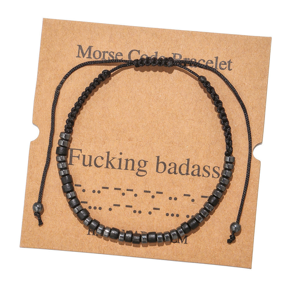 Morse Code Bracelet Creative Black Iron Stone Beaded Wooden Chip Handmade Braided Card Couple Bracelet