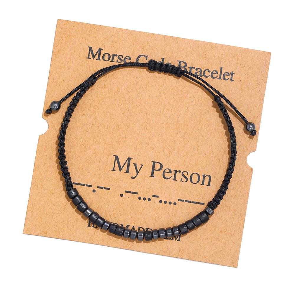 Morse Code Bracelet Creative Black Iron Stone Beaded Wooden Chip Handmade Braided Card Couple Bracelet