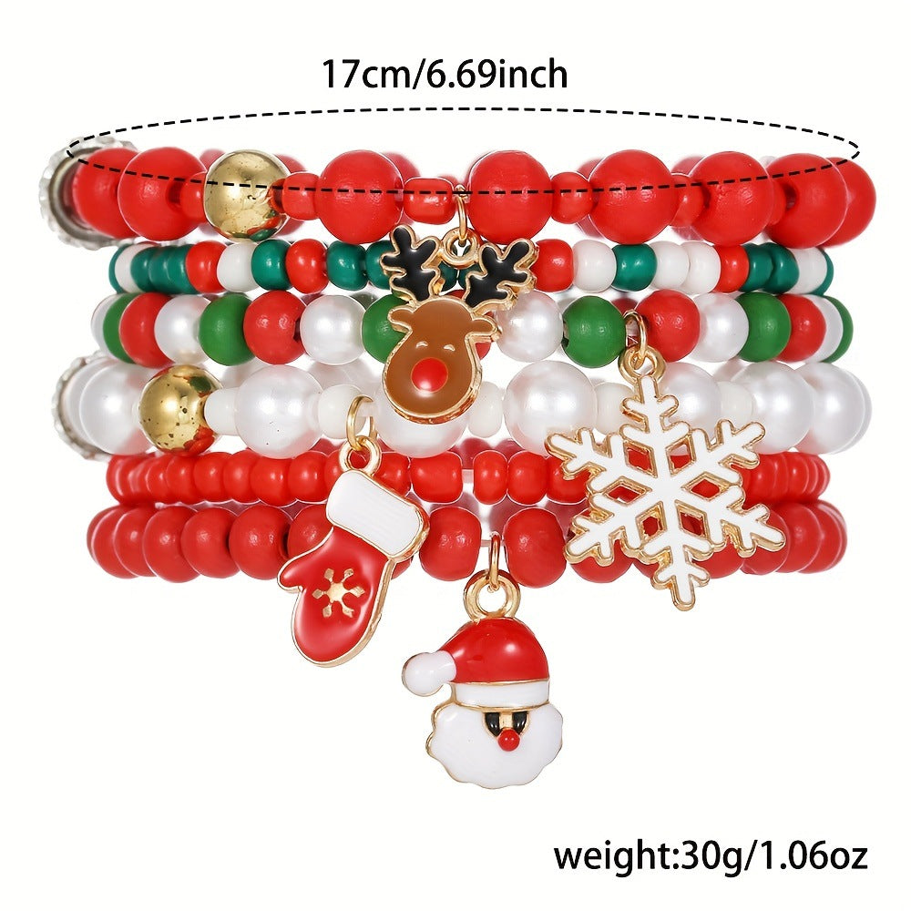 Christmas bracelet set with reindeer bells, Christmas tree beads, and woven polymer clay.