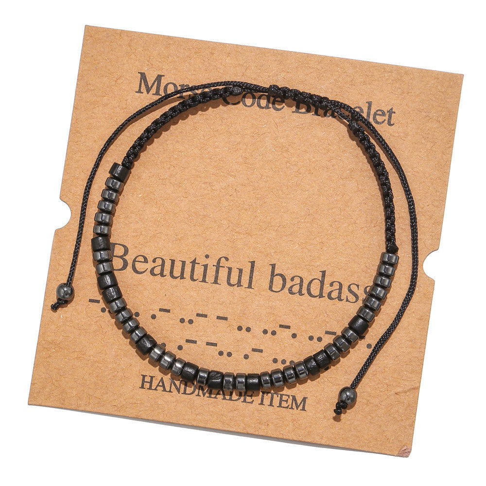 Morse Code Bracelet Creative Black Iron Stone Beaded Wooden Chip Handmade Braided Card Couple Bracelet