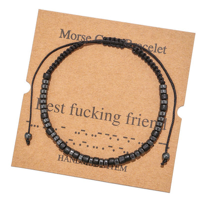 Morse Code Bracelet Creative Black Iron Stone Beaded Wooden Chip Handmade Braided Card Couple Bracelet