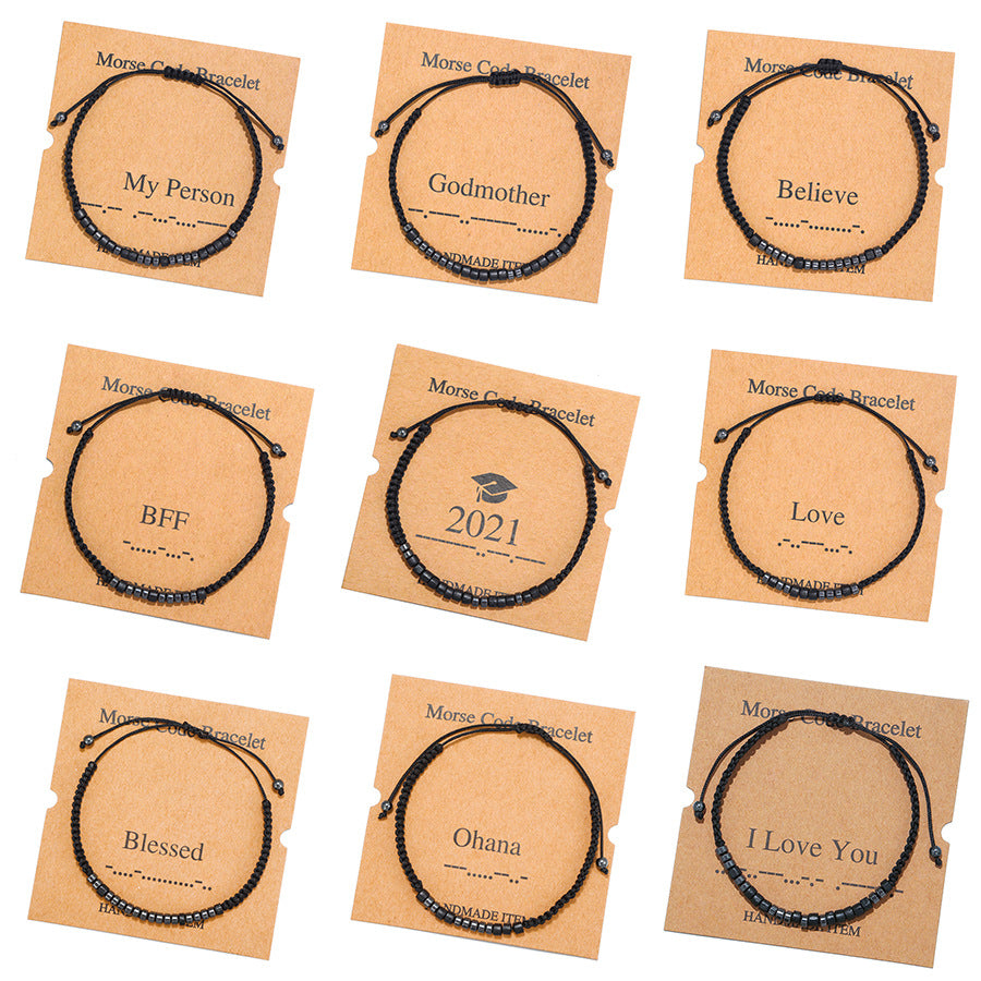 Morse Code Bracelet Creative Black Iron Stone Beaded Wooden Chip Handmade Braided Card Couple Bracelet